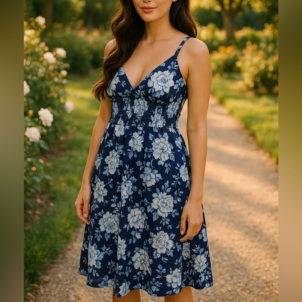 314. Meet Me in Santorini, Blue Floral Smocked Midi Dress, Size L